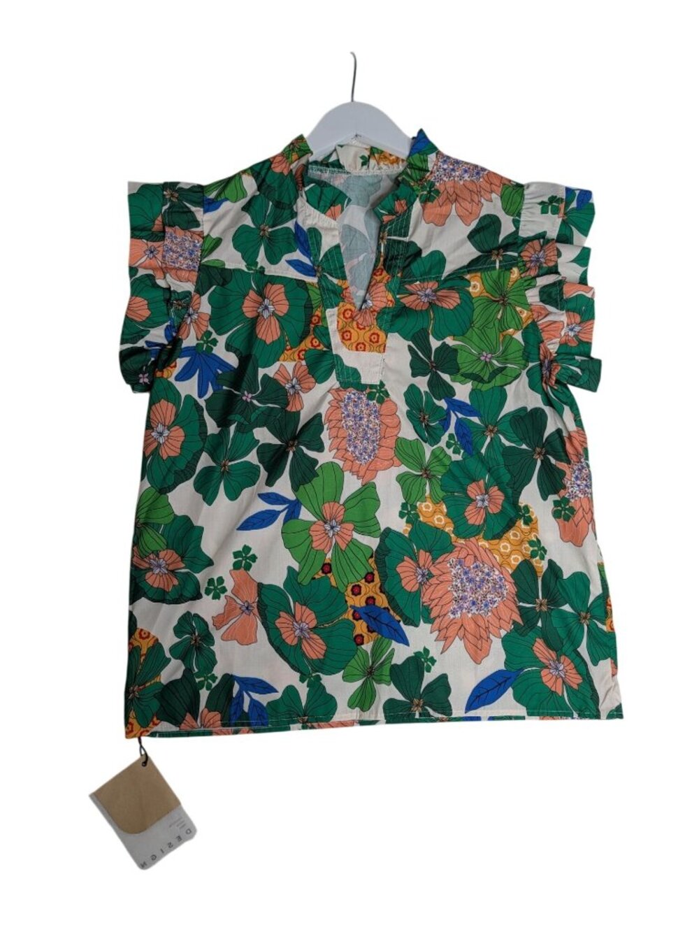 Cherry Betty Boutique Womens Green Floral Flutter Sleeve Top Cotton Blend